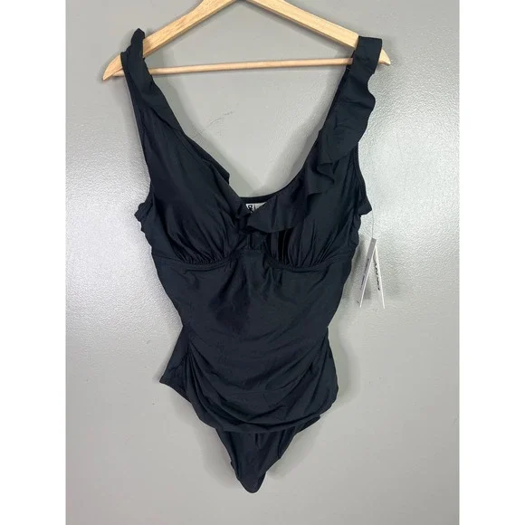DKNY black one piece swimsuit plunge underwire tummy control Beach, island - Picture 2 of 9